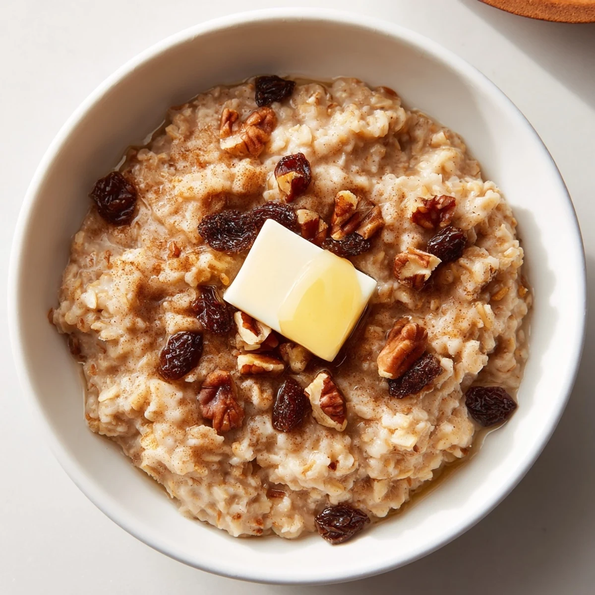 Warm, creamy bowl of Snowy Day Maple Dream Oatmeal Raisin with plump raisins and a drizzle of maple syrup.