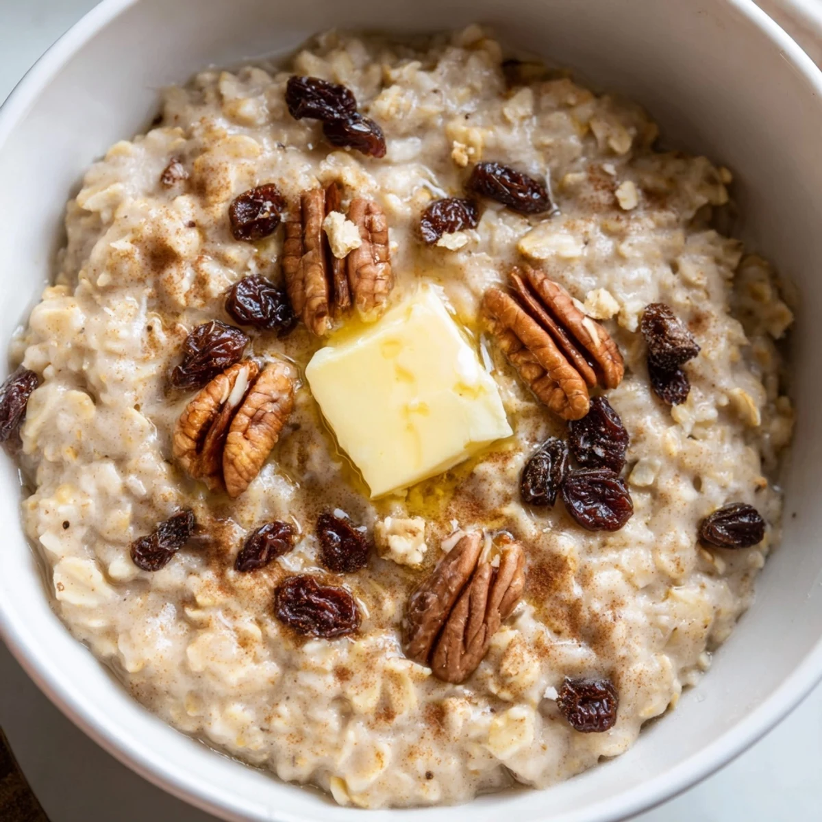 Steaming Snowy Day Maple Dream Oatmeal Raisin topped with chopped pecans and a pat of melting butter.