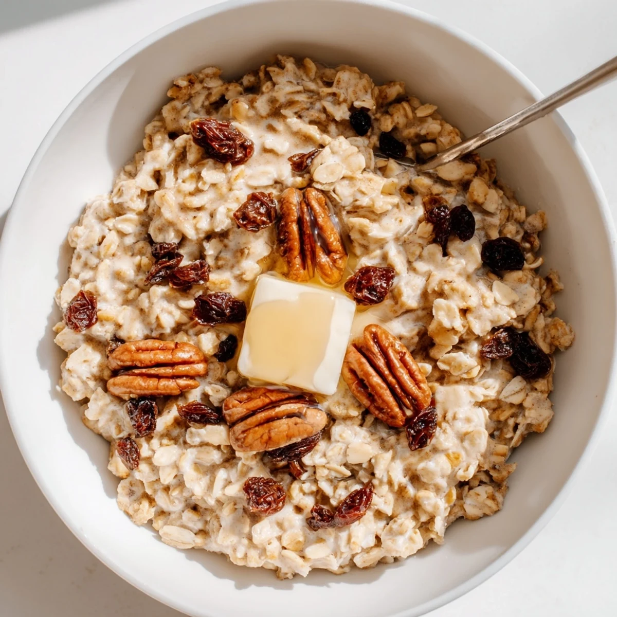 Comforting Snowy Day Maple Dream Oatmeal Raisin served in a rustic bowl, dusted with cinnamon and nutmeg.