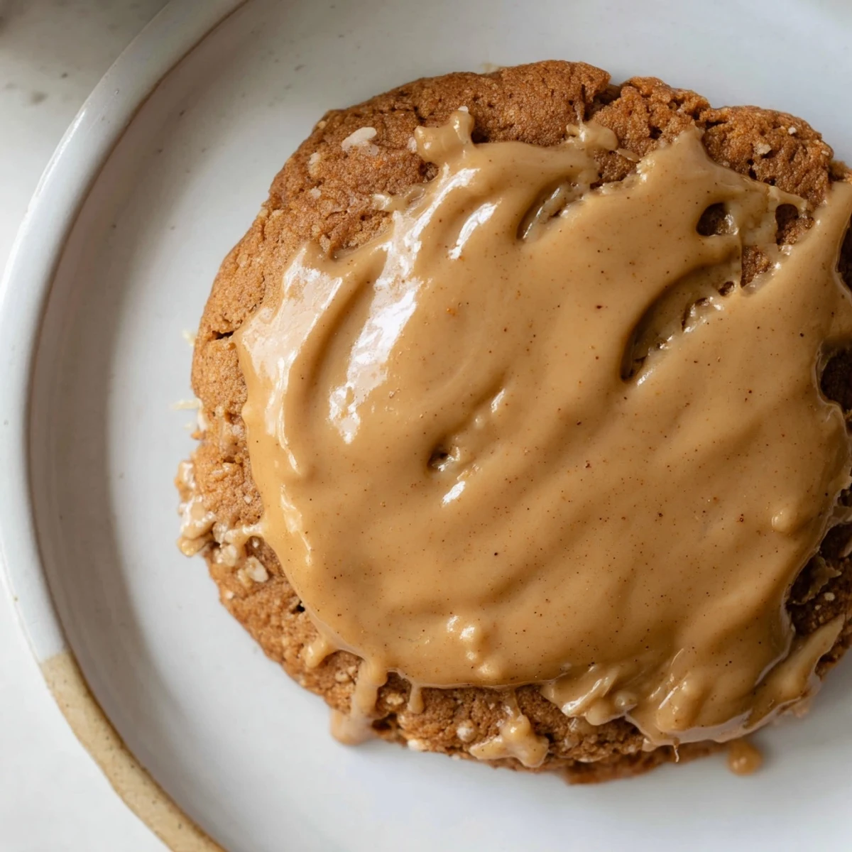 Freshly baked Winter Spice Caramel Frost Vegan Cookies cooling on a wire rack with gooey drizzle.