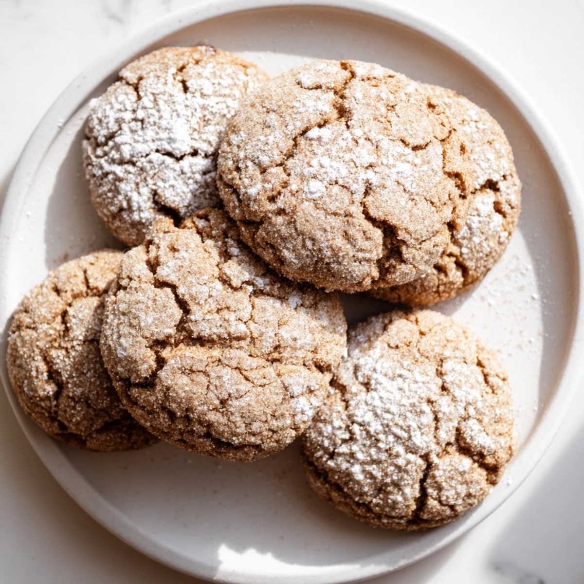Freshly baked Winter Spice Brown Sugar Snow Vegan Cookies with powdered sugar dusting on a cooling rack.