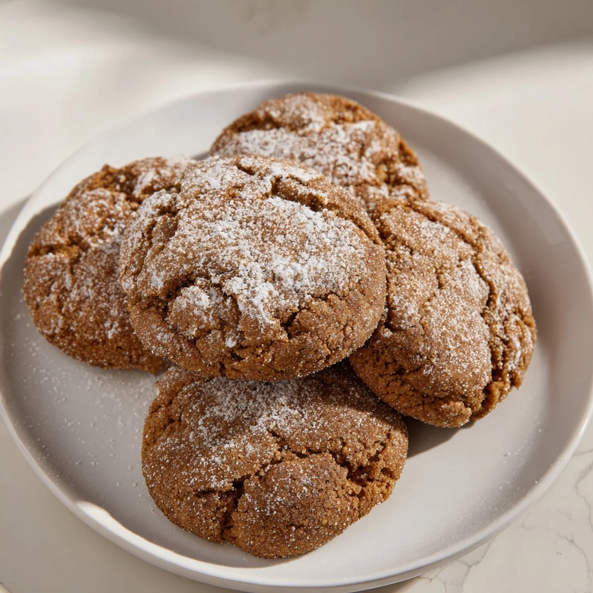 Close-up of cracked, chewy Winter Spice Brown Sugar Snow Vegan Cookies sprinkled with snowy powdered sugar.