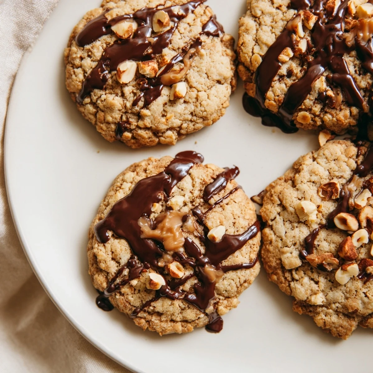 Golden Holiday Glow Hazelnut Drizzle Vegan Cookies rest on a cooling rack with glistening chocolate drizzle.