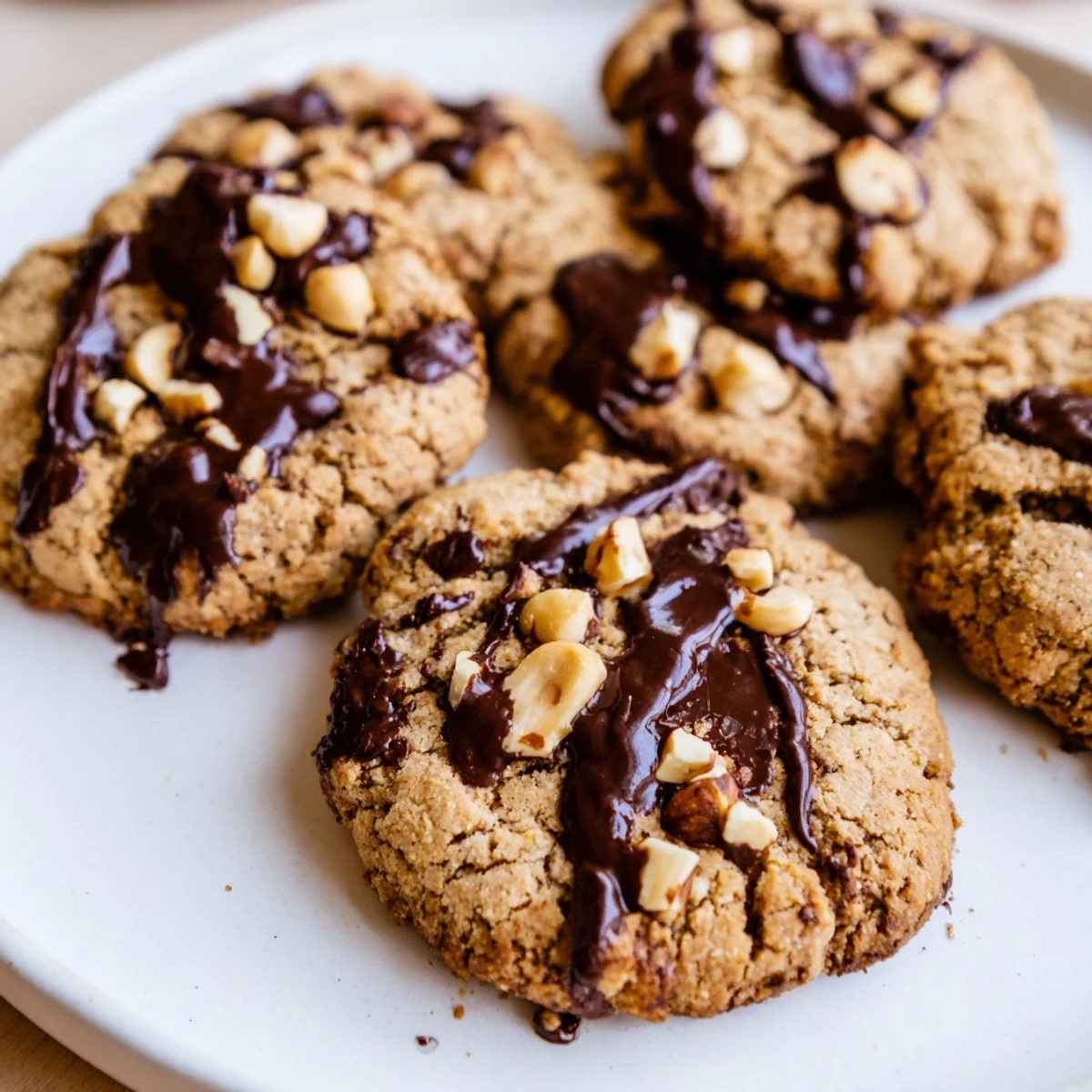 Warm Holiday Glow Hazelnut Drizzle Vegan Cookies are plated beside a festive mug of cocoa.