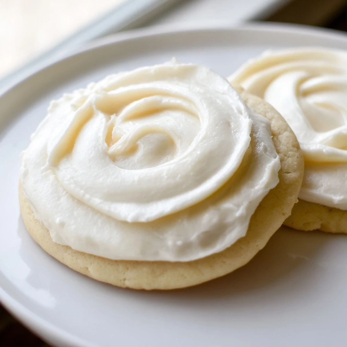 A plated Frosted Delight Vanilla Cloud Keto Cookie with creamy frosting and a glass of milk for serving.