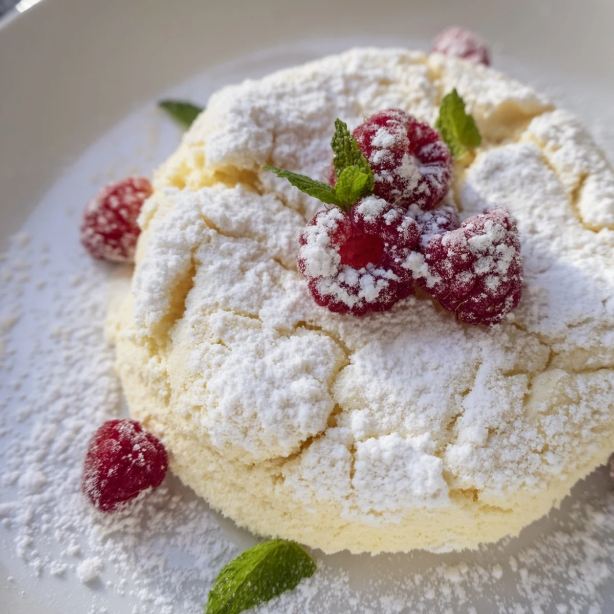 Fluffy, golden Snowy Day Vanilla Cloud dessert fresh from the oven, dusted with powdered sugar.