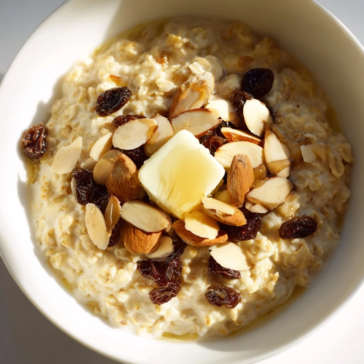 A cozy bowl of Cozy Evening Toasted Almond Oatmeal Raisin, featuring golden almonds and plump raisins atop creamy oats.