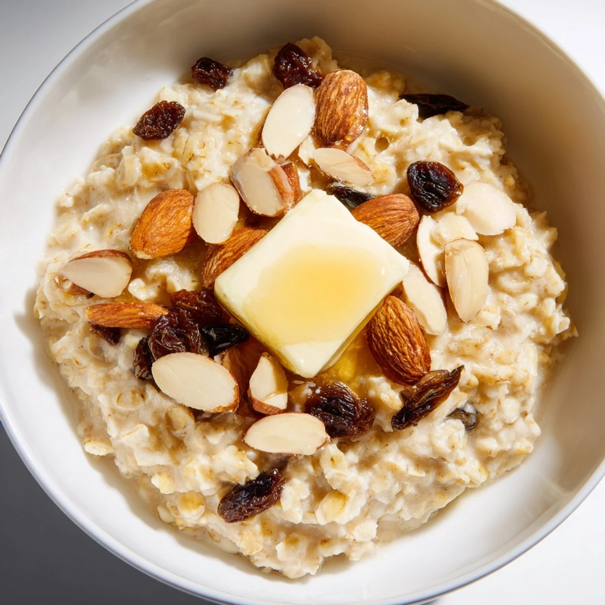 Steam rises from a warm serving of Cozy Evening Toasted Almond Oatmeal Raisin, drizzled with sweet maple syrup.