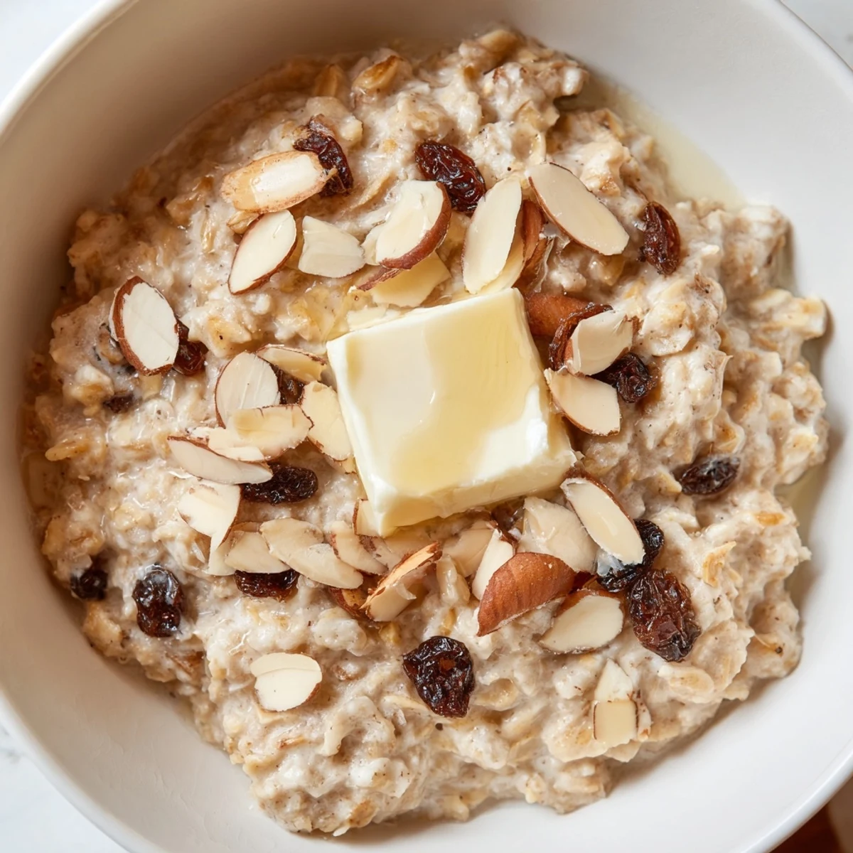 A nourishing breakfast bowl of Cozy Evening Toasted Almond Oatmeal Raisin, garnished with toasted almonds and sweet raisins.