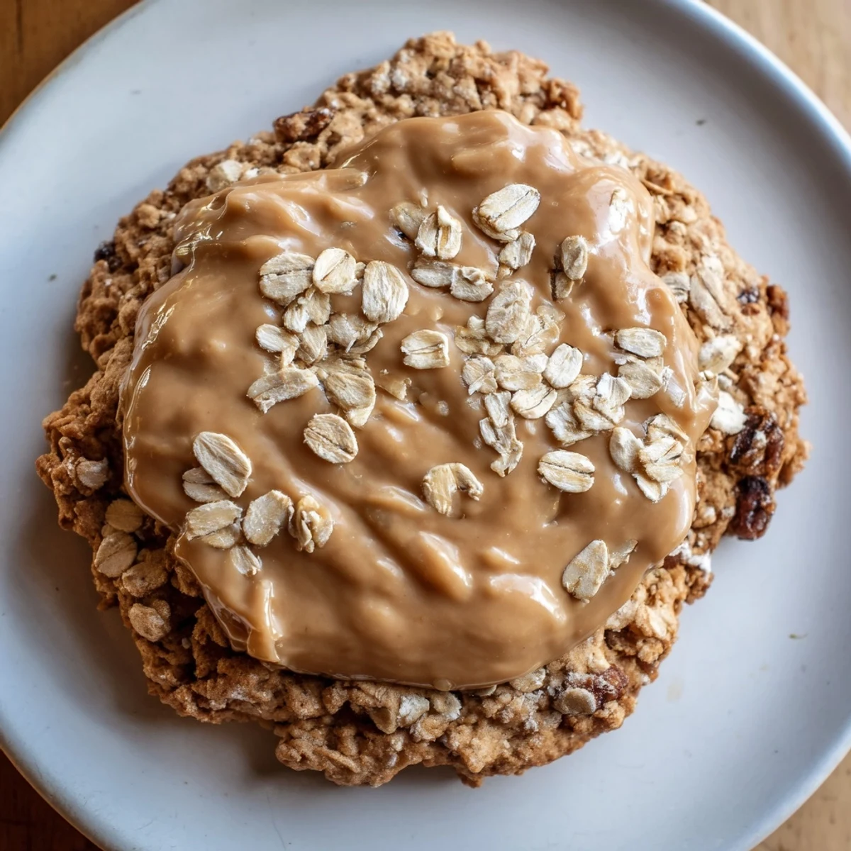 Freshly baked January Bliss Caramel Frost Oatmeal Raisin cookies cooling on a wire rack.