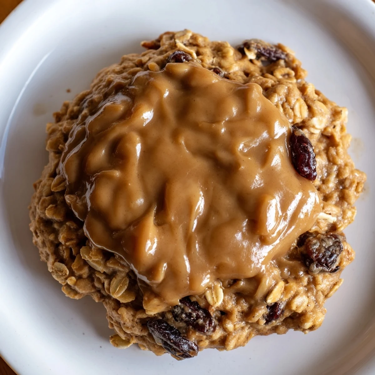 A warm January Bliss Caramel Frost Oatmeal Raisin cookie drizzled with gooey caramel sauce.