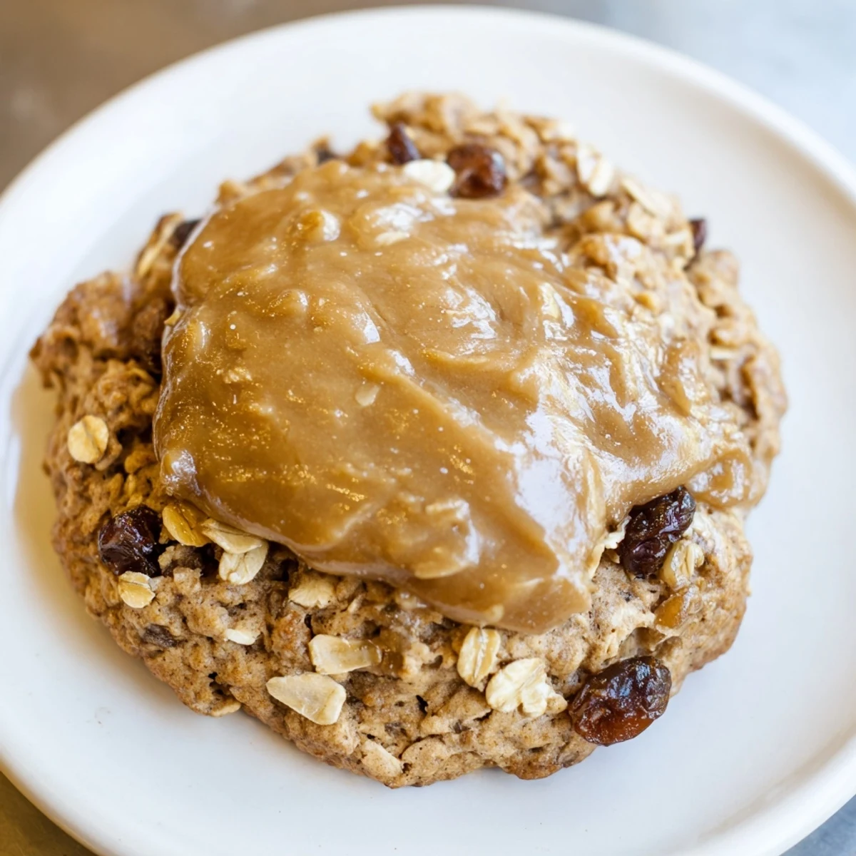 Hand holding a bite-sized piece of January Bliss Caramel Frost Oatmeal Raisin cookie showing soft texture.