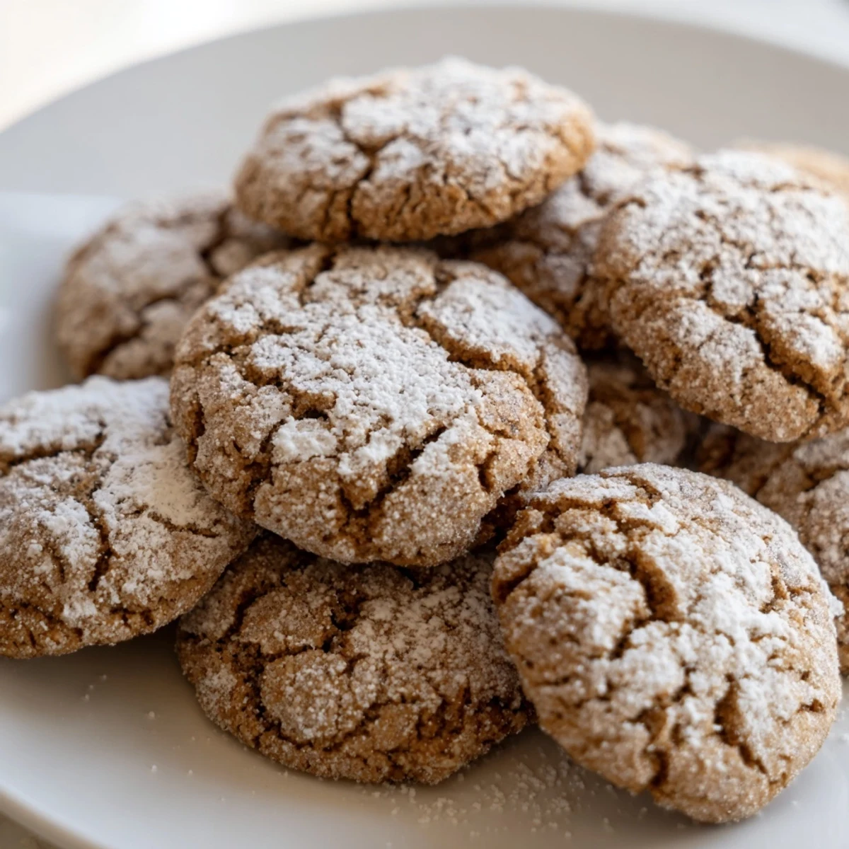 Golden-brown Winter Warmth Brown Sugar Snow Vegan Cookies rest on a wire rack, lightly dusted with powdered sugar.  