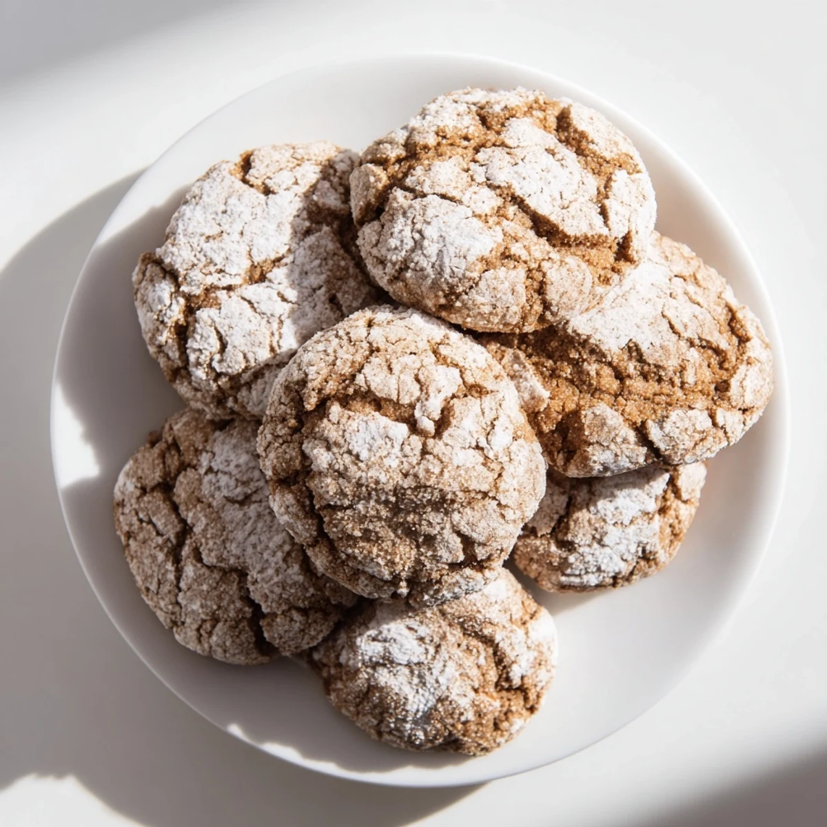 Freshly baked Winter Warmth Brown Sugar Snow Vegan Cookies arranged on a rustic wooden board for serving.