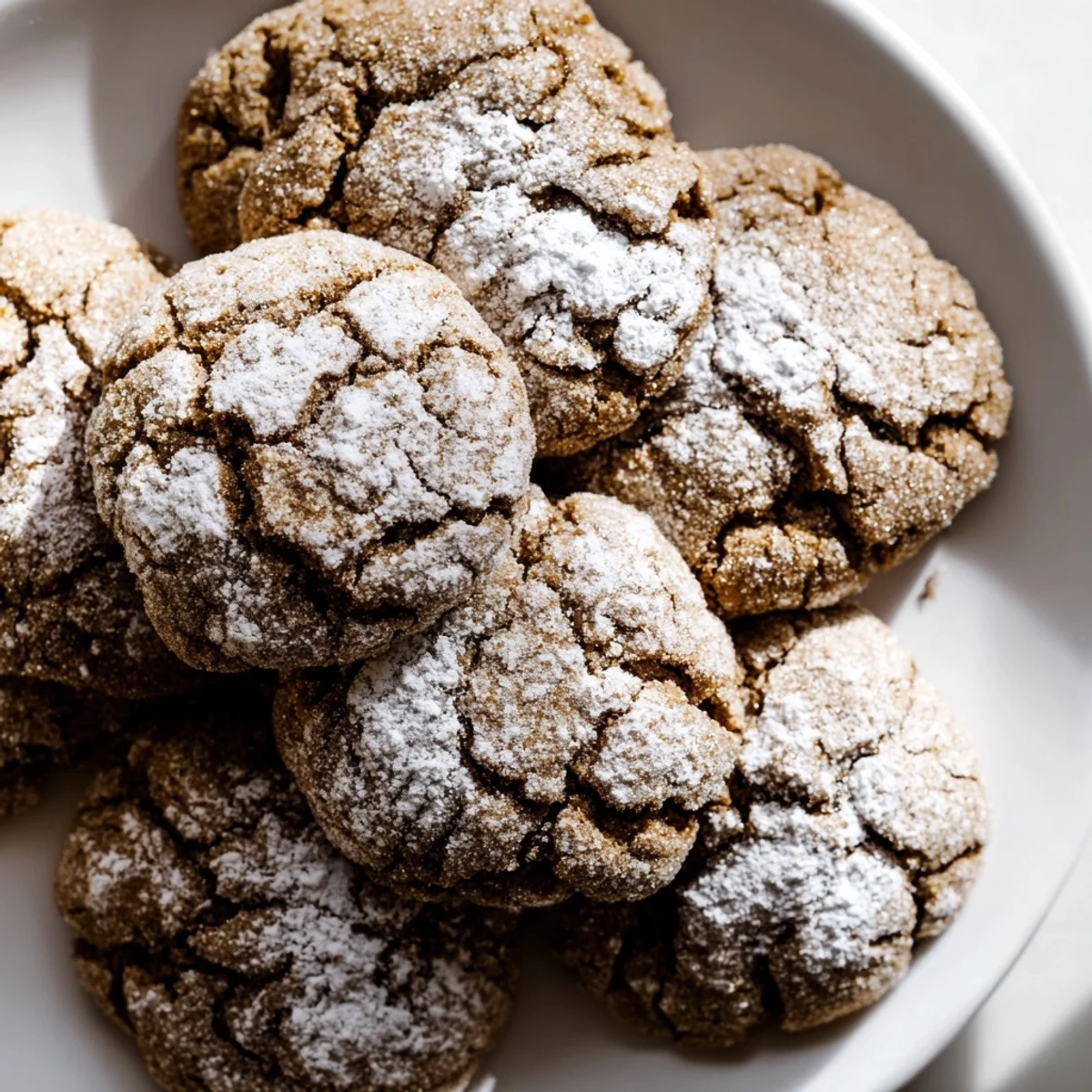 Close-up of chewy Winter Warmth Brown Sugar Snow Vegan Cookies with warm spices and a snowy sugar coating.  