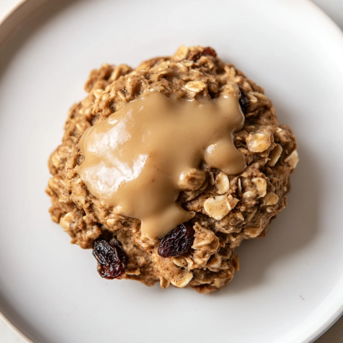 Freshly baked Winter Warmth Caramel Frost Oatmeal Raisin cookies cool on a wire rack, golden edges peeking from beneath a smooth caramel frosting.