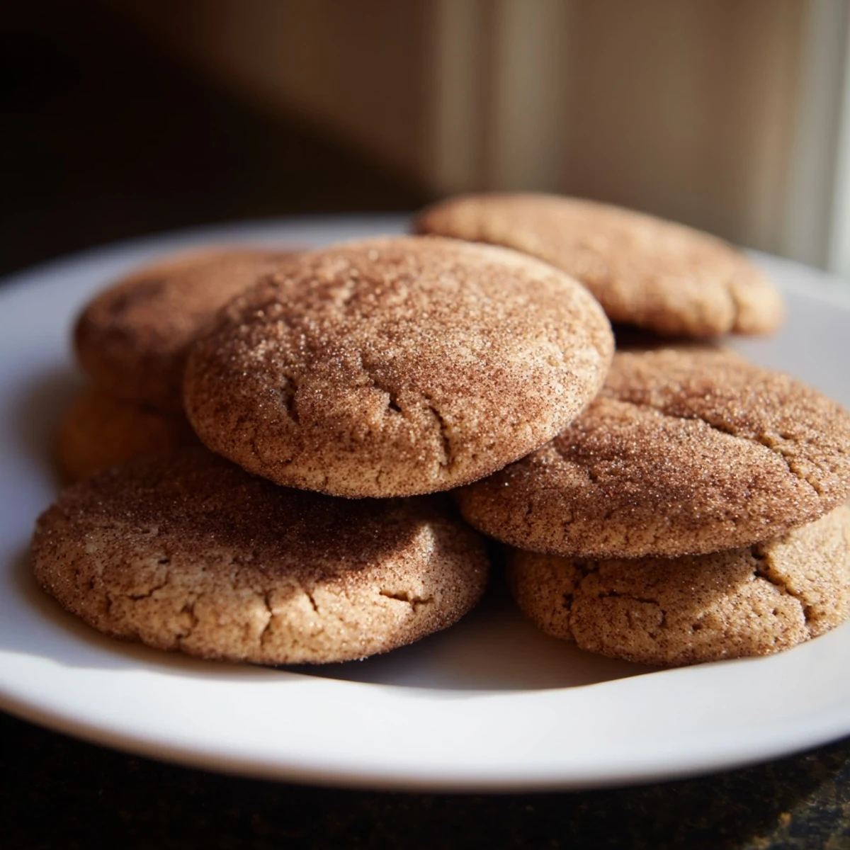 A close-up of freshly baked Winter Spice Cocoa Burst Sugar Cookies reveals their crackled tops, soft centers, and rich dark cocoa swirls.