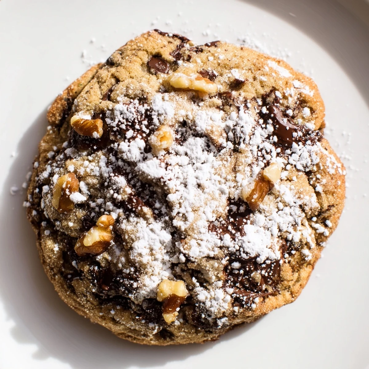 Chewy January Bliss Brown Sugar Snow Chocolate Chip Cookies studded with melty chocolate chips on a festive plate.