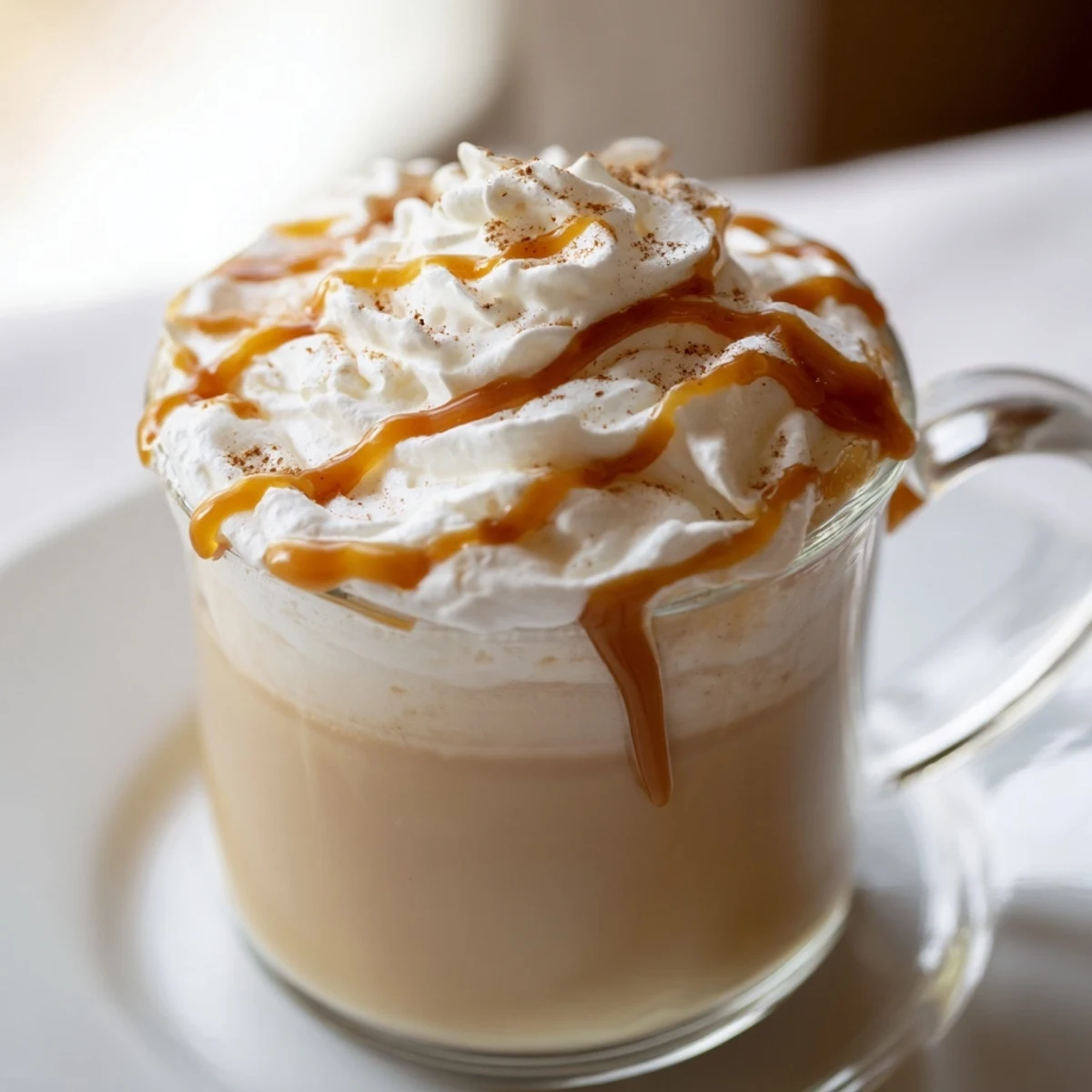 Steaming mugs of Winter Warmth Caramel Frost topped with fluffy whipped cream and a cinnamon dusting.