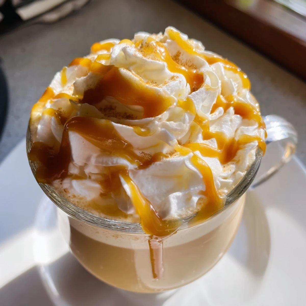 Two cozy mugs of Winter Warmth Caramel Frost with rich caramel drizzle, perfect for chilly evenings.