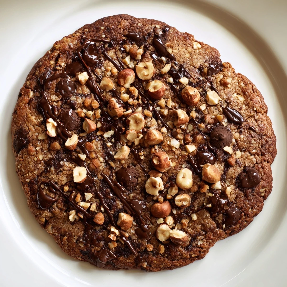A festive batch of New Year Celebration Hazelnut Drizzle Chocolate Chip cookies glistens with a glossy chocolate drizzle, speckled with toasted nut pieces.