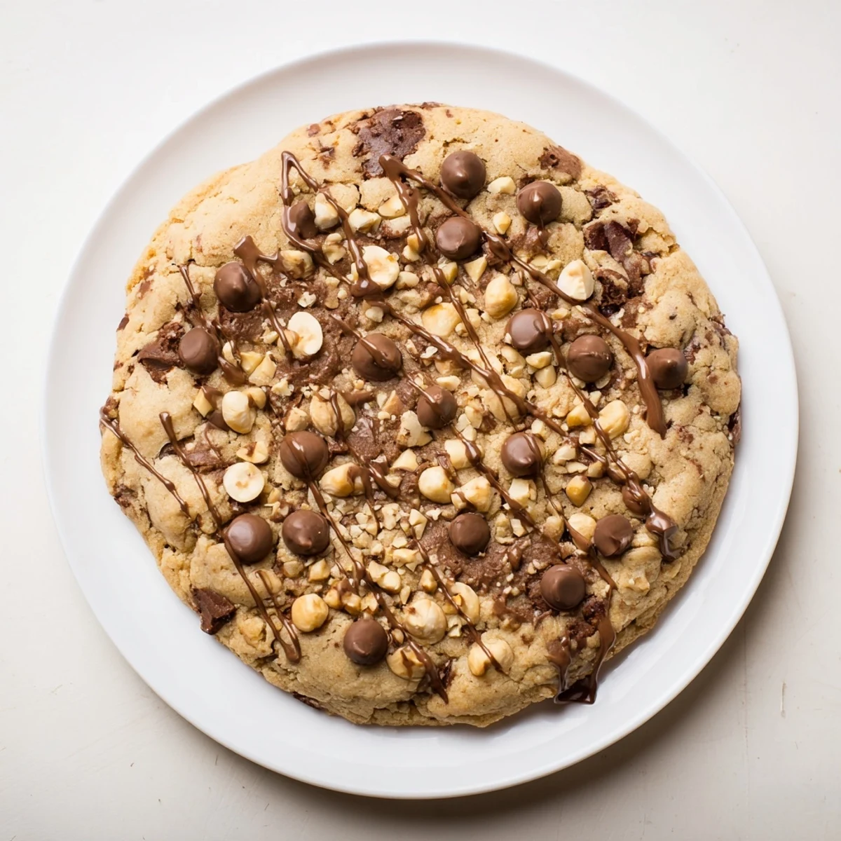 These golden-brown New Year Celebration Hazelnut Drizzle Chocolate Chip cookies are stacked high, with generous puddles of silky hazelnut chocolate sauce dripping down the sides.