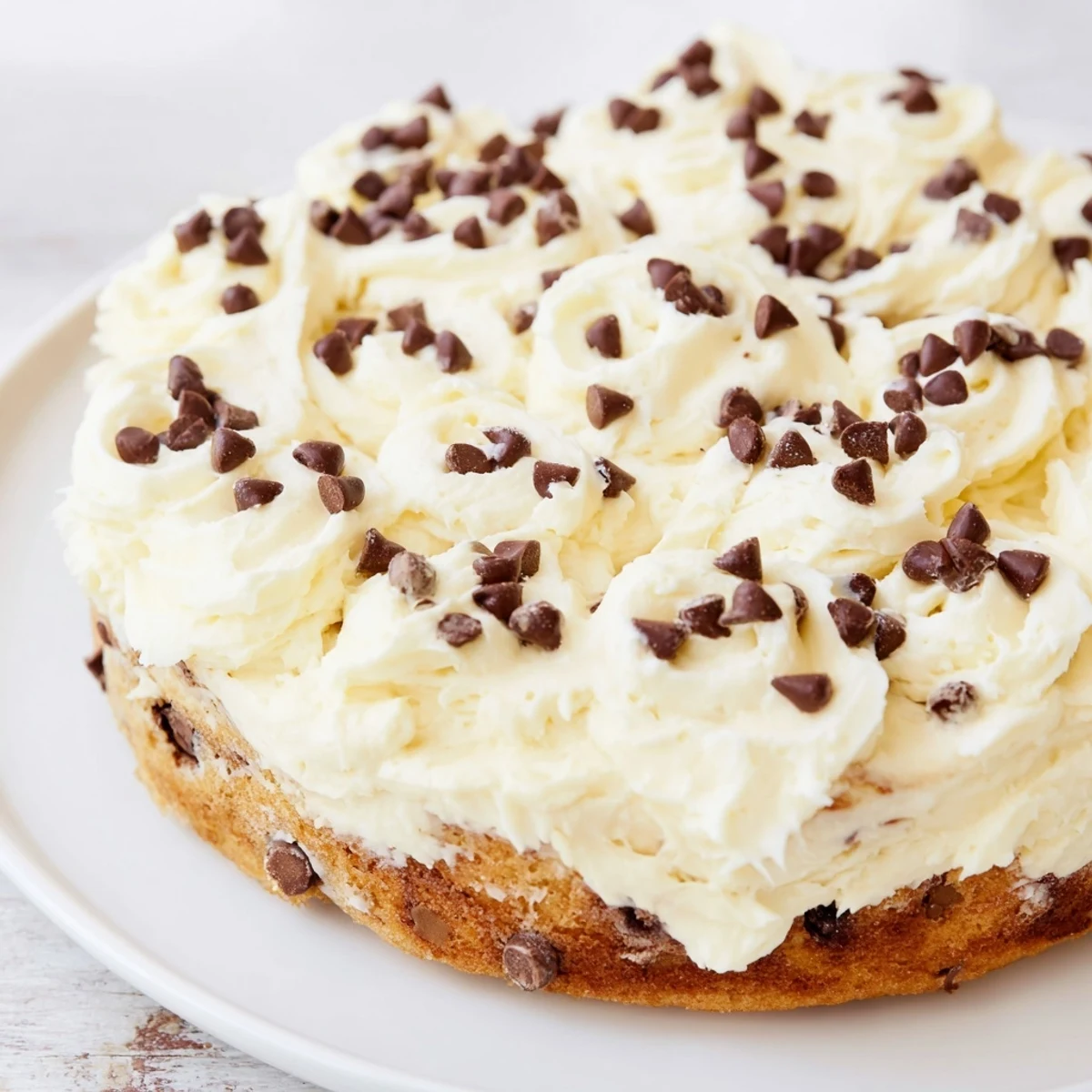 A close-up view of Frosted Delight Vanilla Cloud Chocolate Chip cake showing fluffy vanilla frosting and chocolate chips on top.