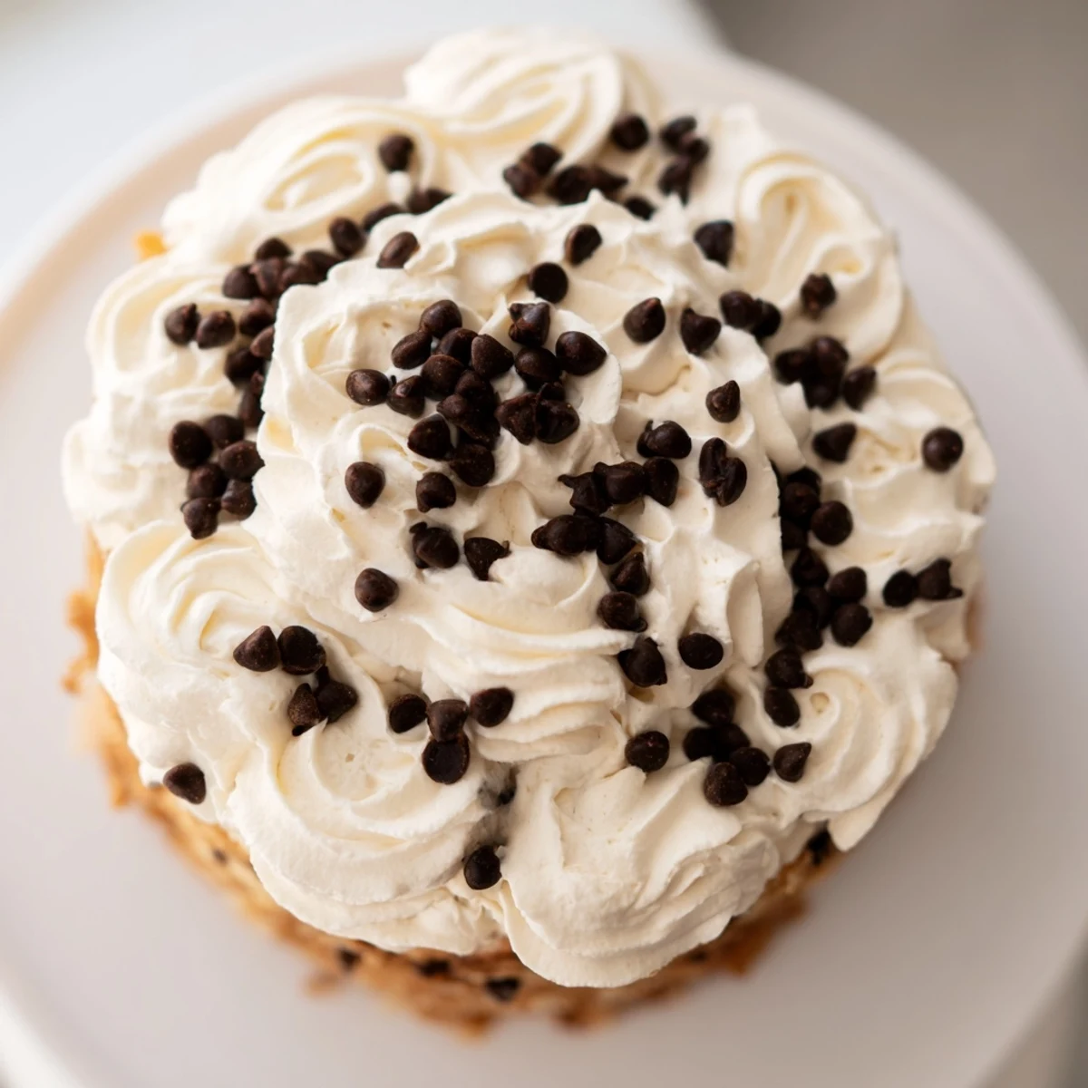 A slice of Frosted Delight Vanilla Cloud Chocolate Chip cake on a plate, revealing moist crumb with mini chocolate chips.