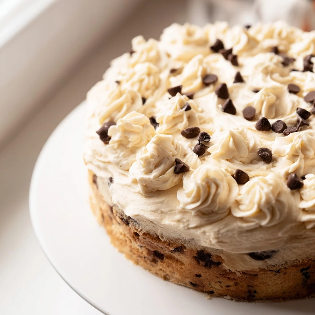 Freshly frosted Frosted Delight Vanilla Cloud Chocolate Chip cake served on a wooden stand, ready for a celebration.