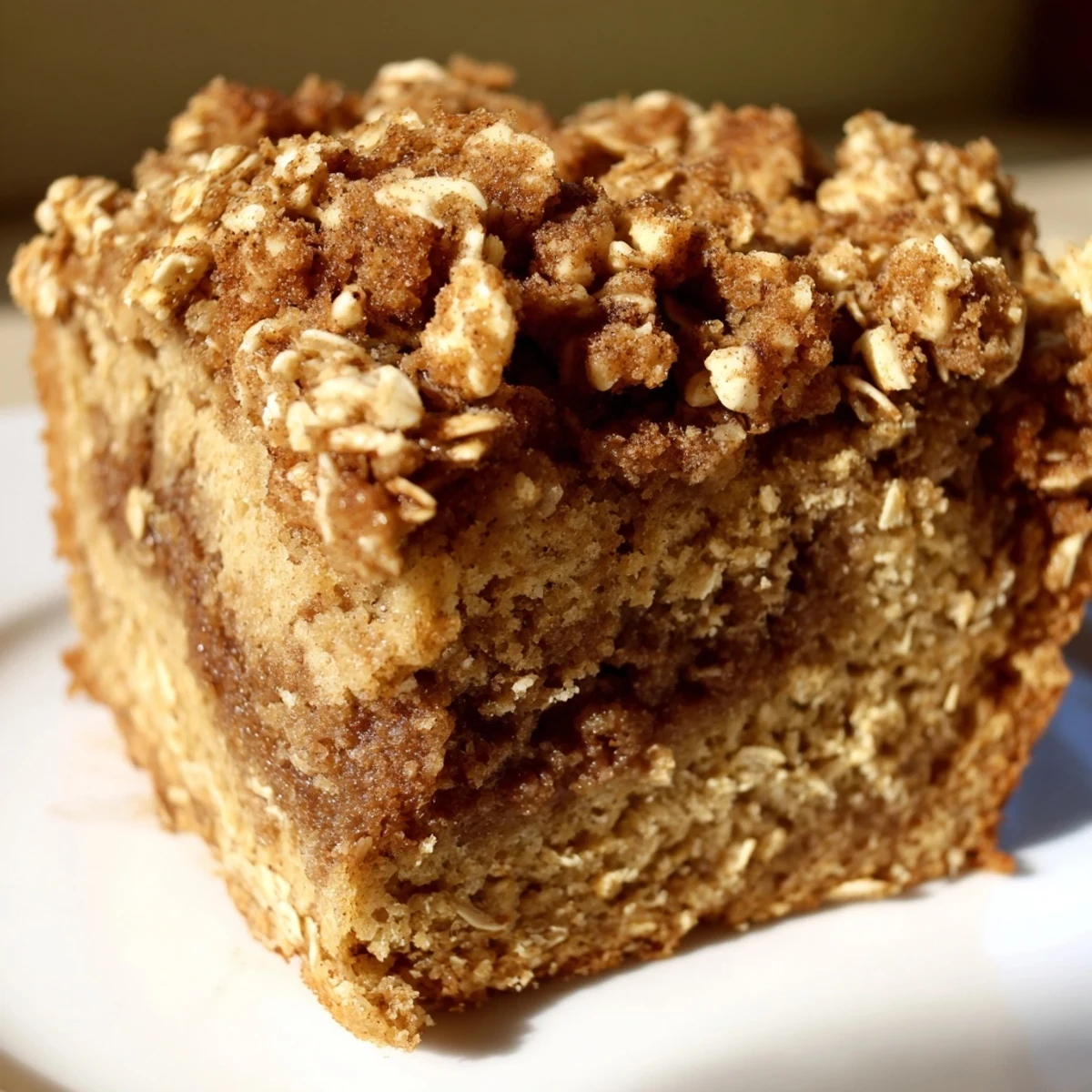 A slice of gluten-free Snowy Day Cinnamon Drift coffee cake reveals a tender crumb and warm cinnamon swirl.