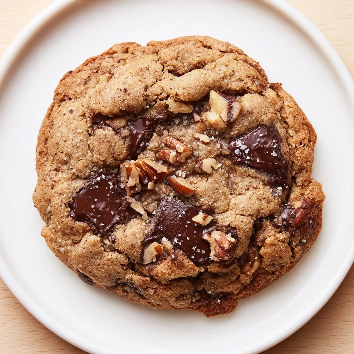 A close-up of a Holiday Glow Maple Dream Chocolate Chip cookie, drizzled with maple glaze and dusted with nutmeg.
