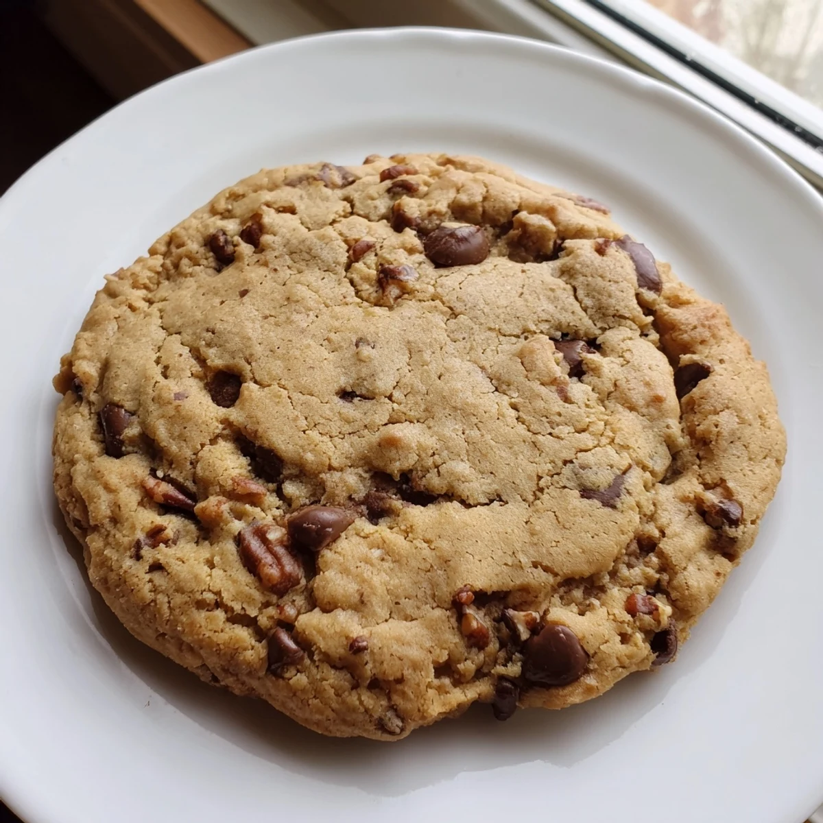 A close-up view of a Cozy Evening Maple Dream Chocolate Chip cookie with gooey chocolate chips and a drizzle of maple glaze.  
