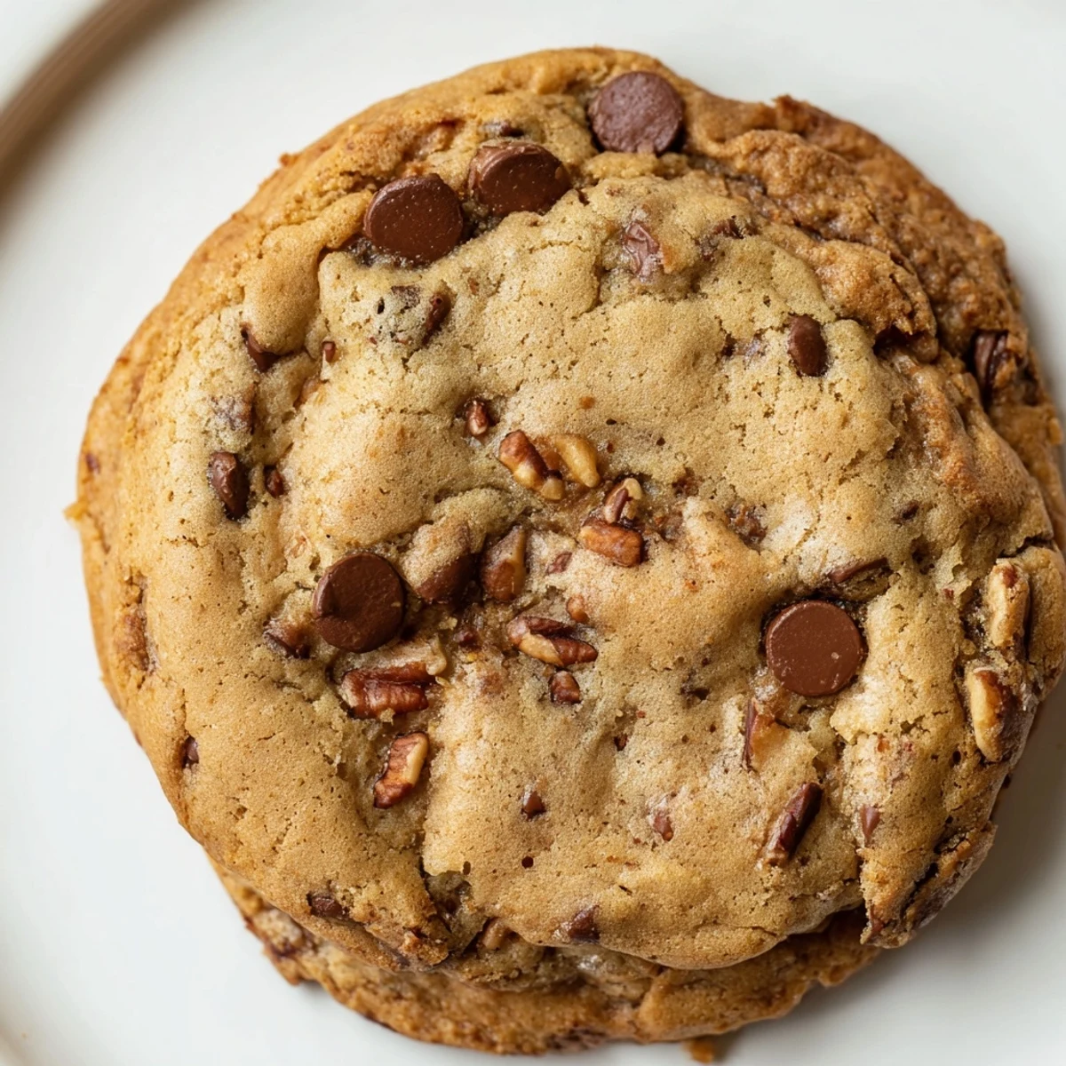 Golden-brown Cozy Evening Maple Dream Chocolate Chip cookies, fresh from the oven, ready to be enjoyed with a warm mug of hot chocolate.  