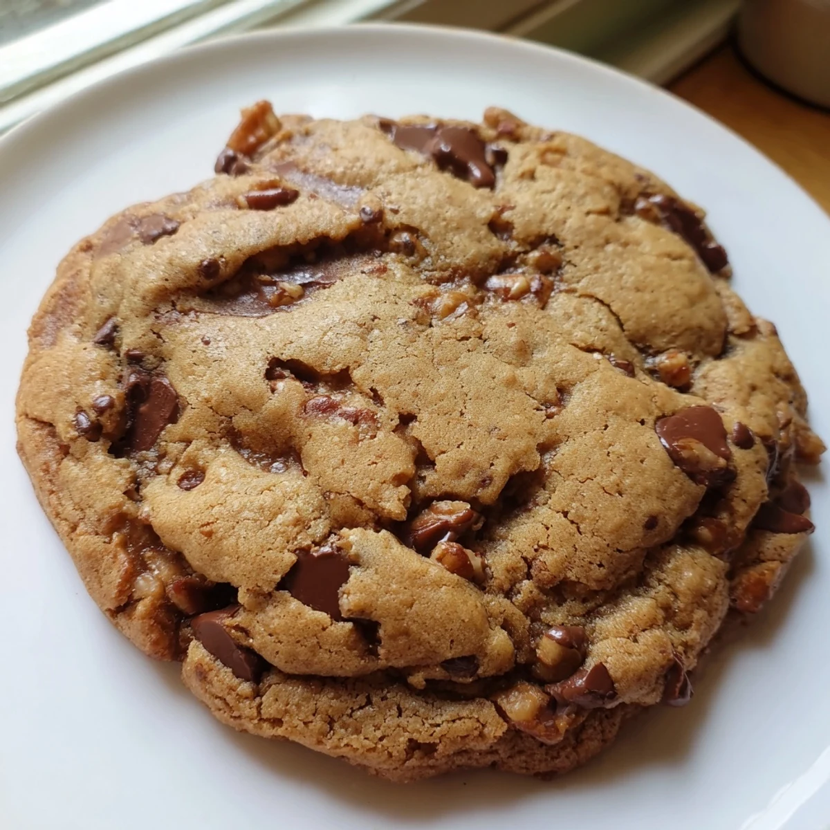 Stack of warm Cozy Evening Maple Dream Chocolate Chip cookies on a rustic wooden board, perfect for a cozy autumn dessert.