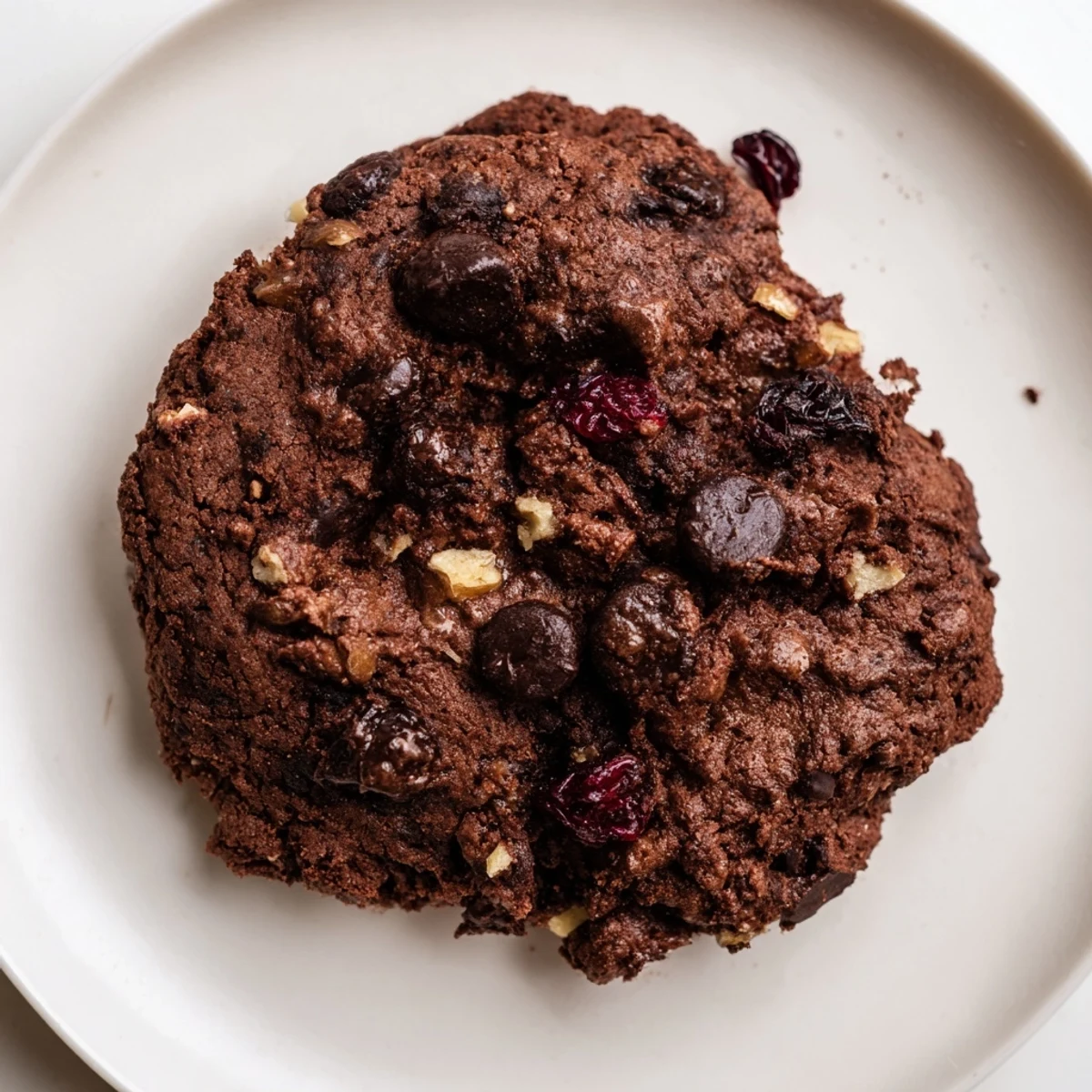 A close-up of rich chocolate Winter Market Cocoa Burst Vegan Cookies with gooey dark chocolate chips and festive spice.