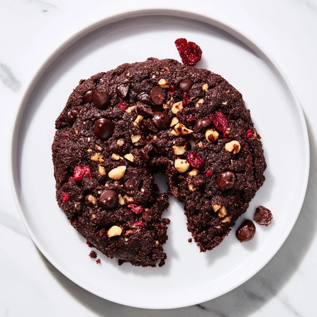Freshly baked Winter Market Cocoa Burst Vegan Cookies served on a rustic board with cranberries and warm spices.
