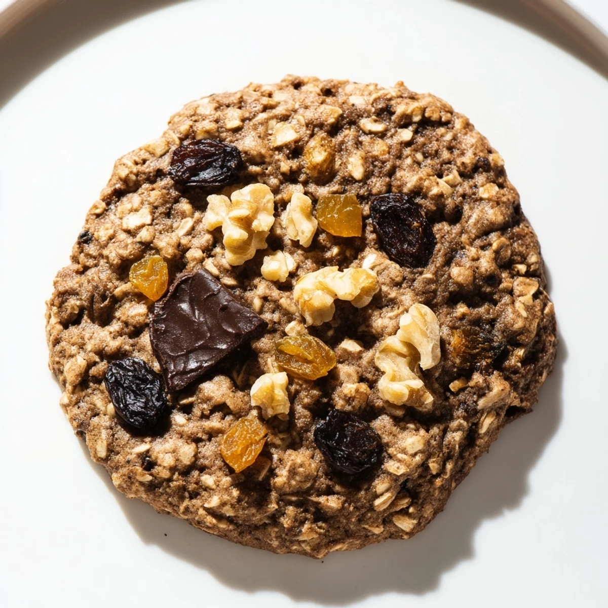 A close-up of a cracked Winter Market Mocha Whisper Oatmeal Raisin cookie revealing a soft, chewy interior.  