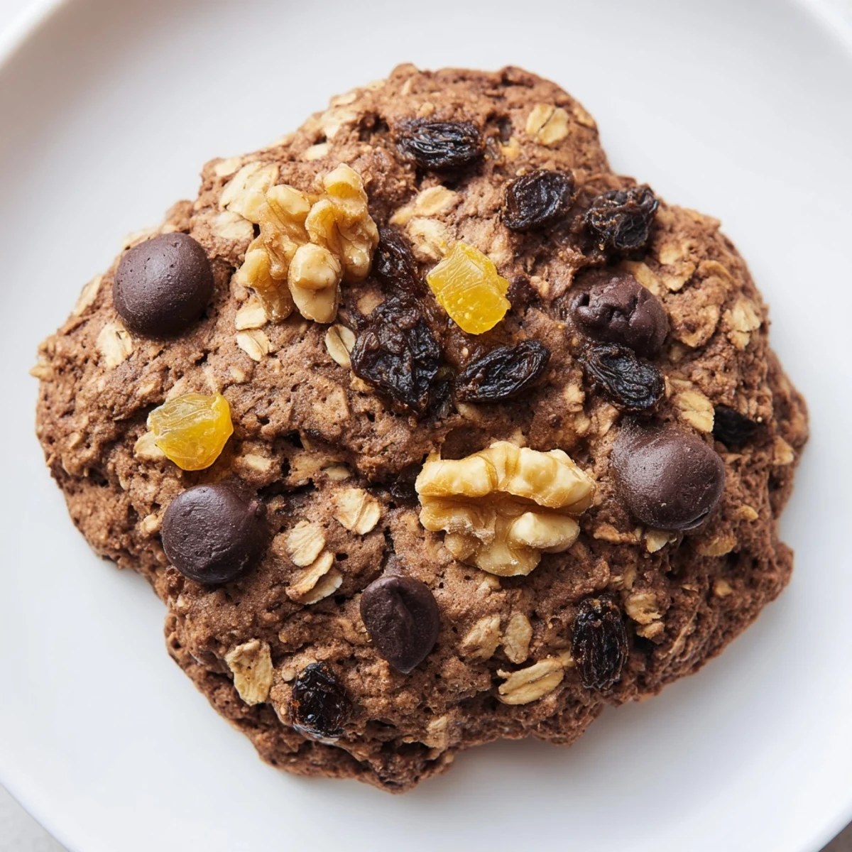 Freshly baked Winter Market Mocha Whisper Oatmeal Raisin cookies stacked on a rustic wooden board.
