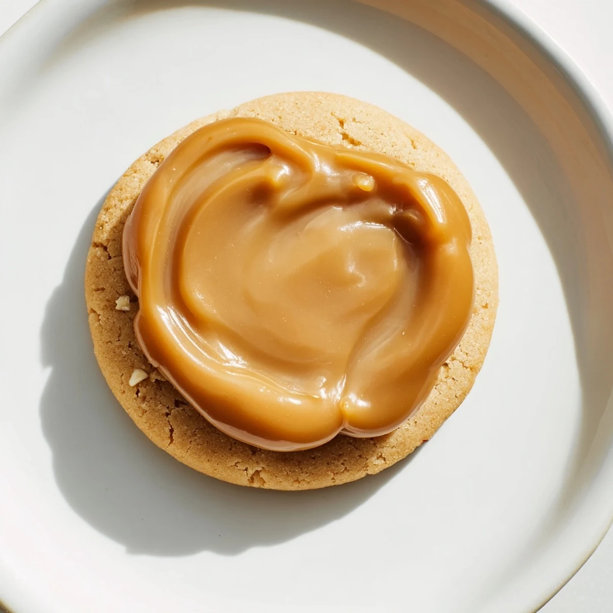 A close-up view of Cozy Evening Caramel Frost Keto Cookies on a rustic wooden table, showcasing the glossy, golden caramel frosting drizzled over the soft, buttery cookie base.  