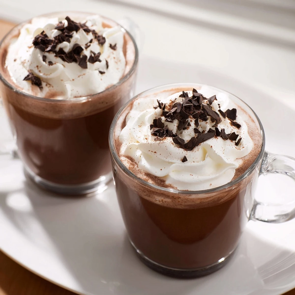 Steaming mugs of Fireplace Treat Mocha Whisper topped with fluffy whipped cream and dark chocolate shavings.  