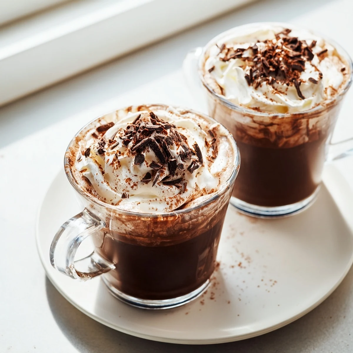 Rich gluten-free mocha dessert beverage with a creamy foam and shaved chocolate garnish.