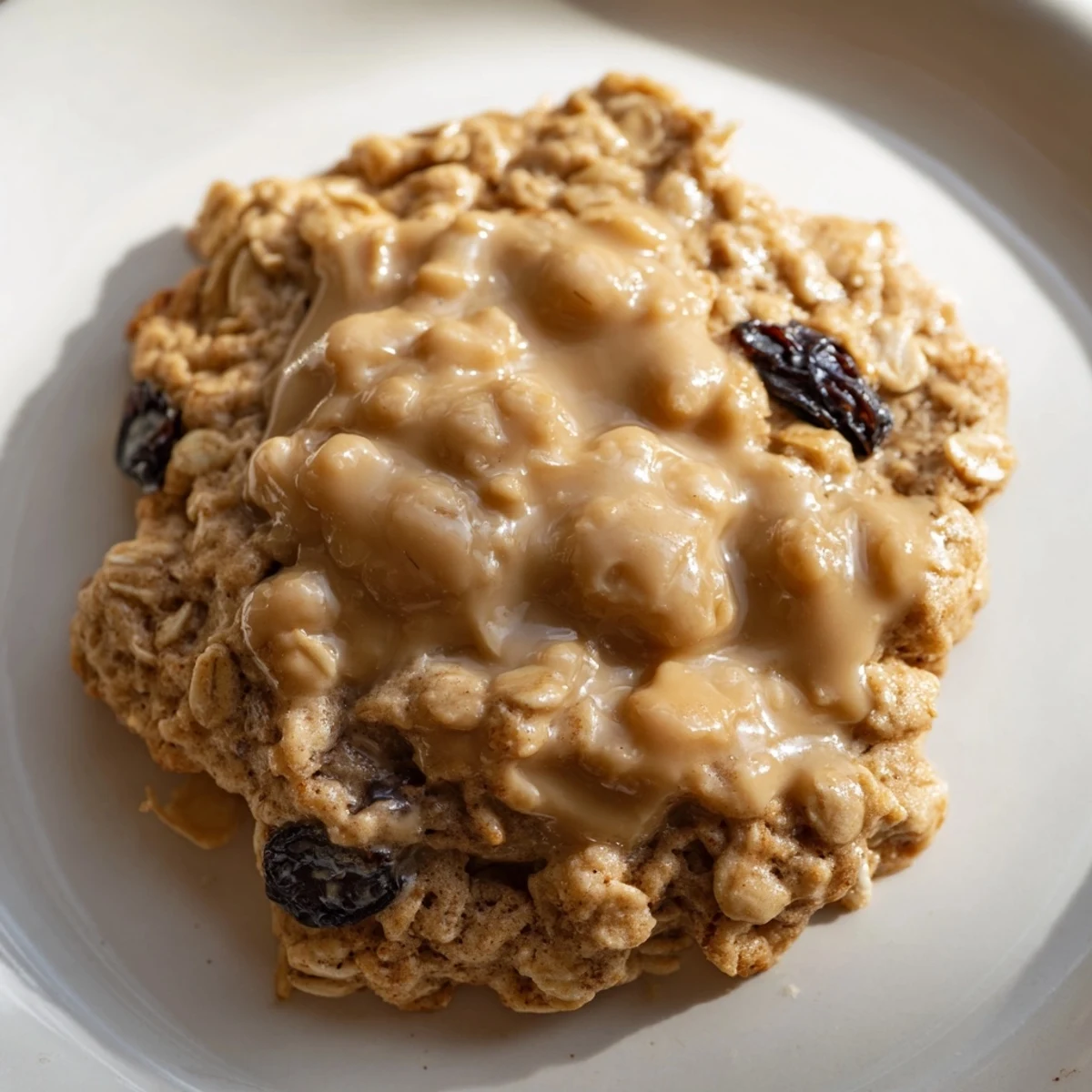 Golden-brown Frosted Delight Caramel Frost Oatmeal Raisin cookies with gooey caramel frosting and plump raisins.