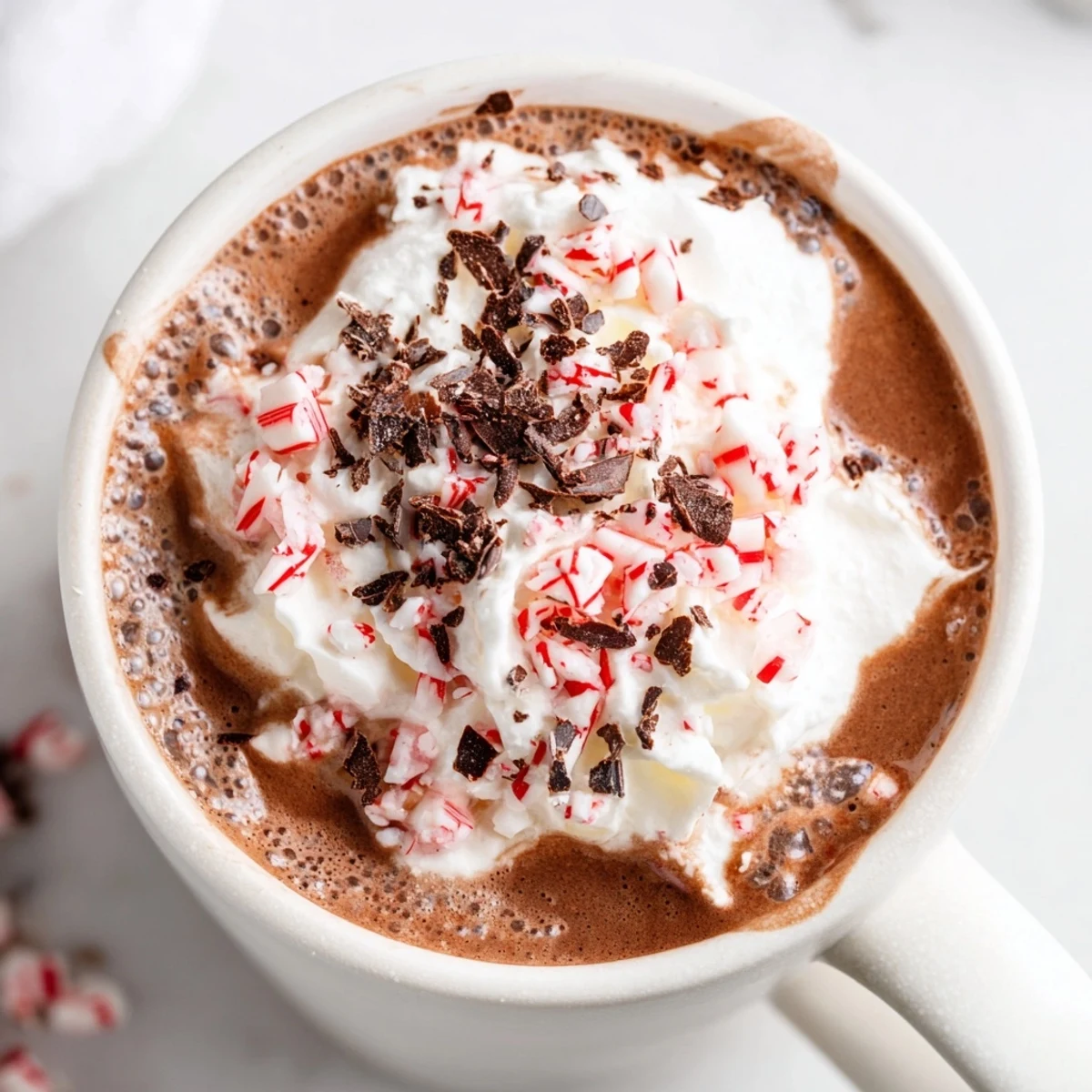 Creamy Winter Warmth Peppermint Twist hot chocolate topped with fluffy whipped cream and crushed gluten-free peppermint candies.  