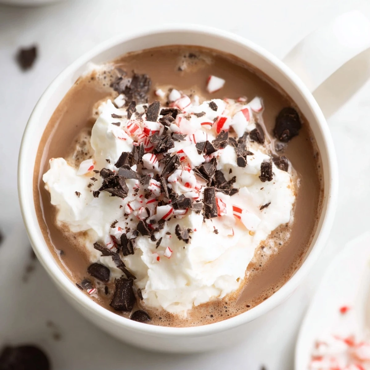 A steaming mug of Winter Warmth Peppermint Twist garnished with chocolate shavings and peppermint pieces beside shortbread cookies.  