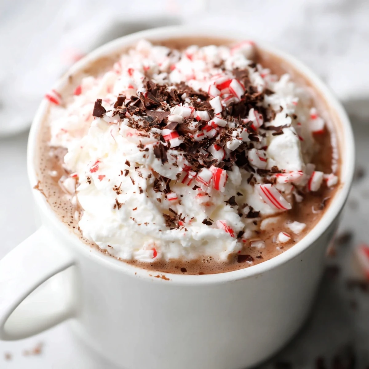 Cozy winter treat: rich Winter Warmth Peppermint Twist beverage with velvety whipped cream and festive red peppermint topping.