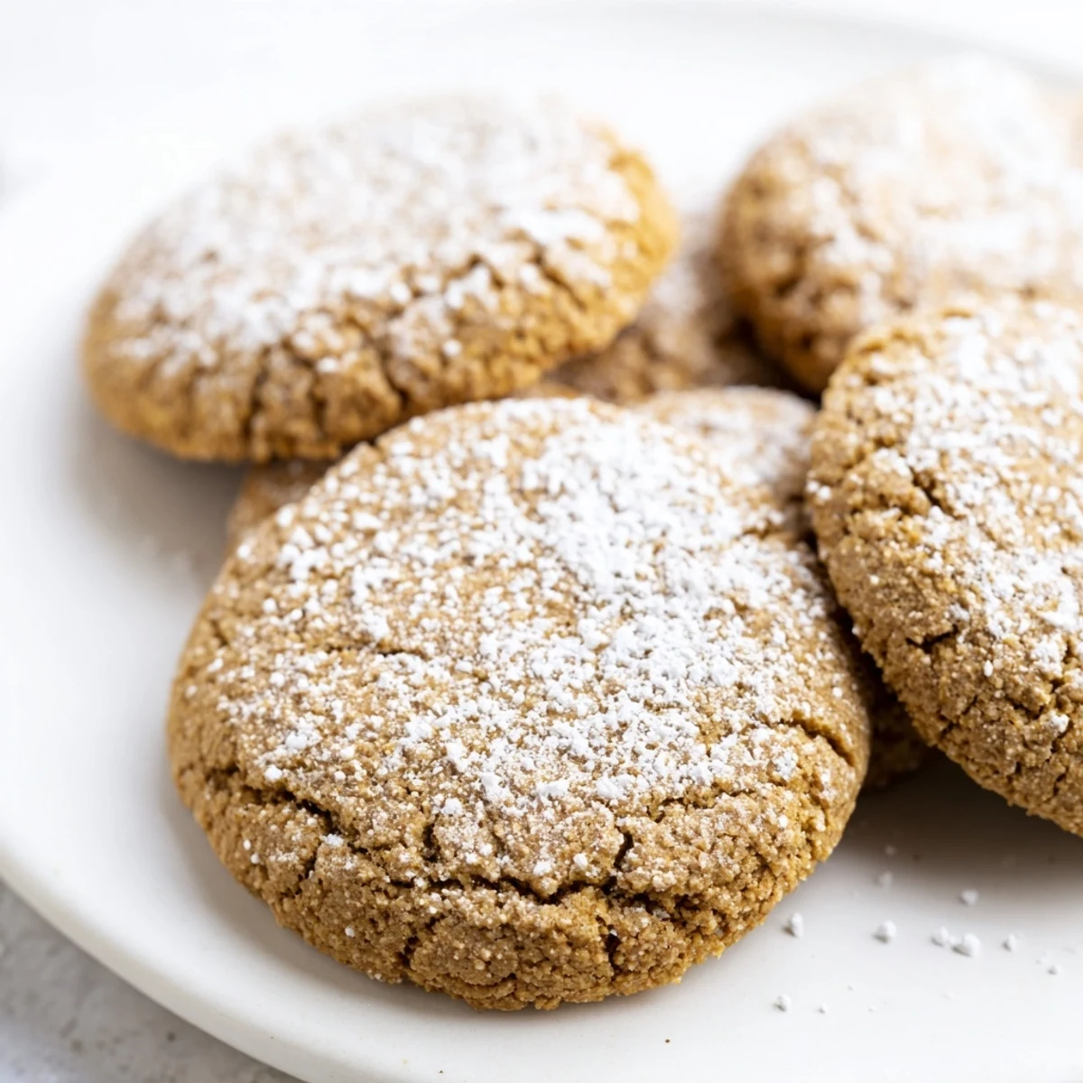 A close-up of Cozy Evening Brown Sugar Snow Keto Cookies on a rustic wooden board, featuring a delicate dusting of powdered erythritol like fresh snow over golden-brown, chewy edges.