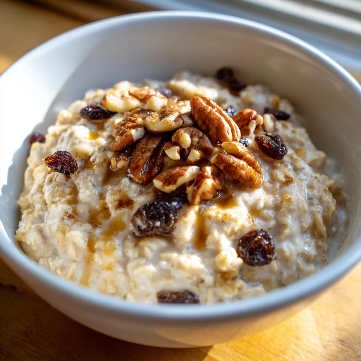 Creamy, warm Cozy Evening Vanilla Cloud Oatmeal Raisin topped with chopped walnuts and a maple drizzle, served in a rustic ceramic bowl.  