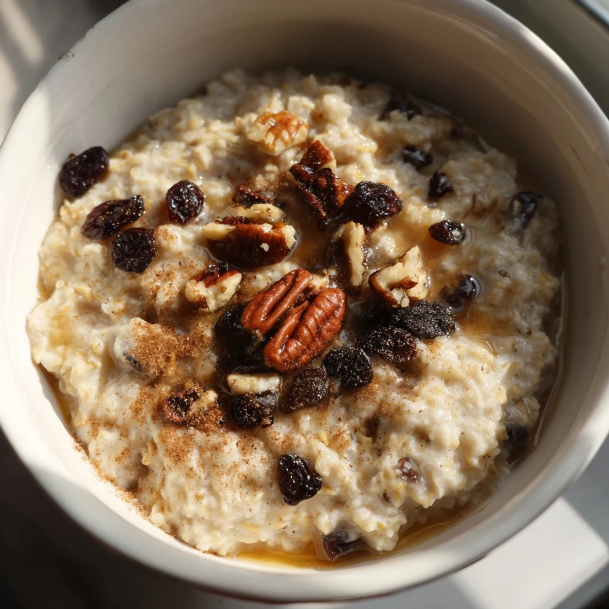 A comforting bowl of Cozy Evening Vanilla Cloud Oatmeal Raisin with plump raisins, steaming gently beside a spoon and herbal tea.  