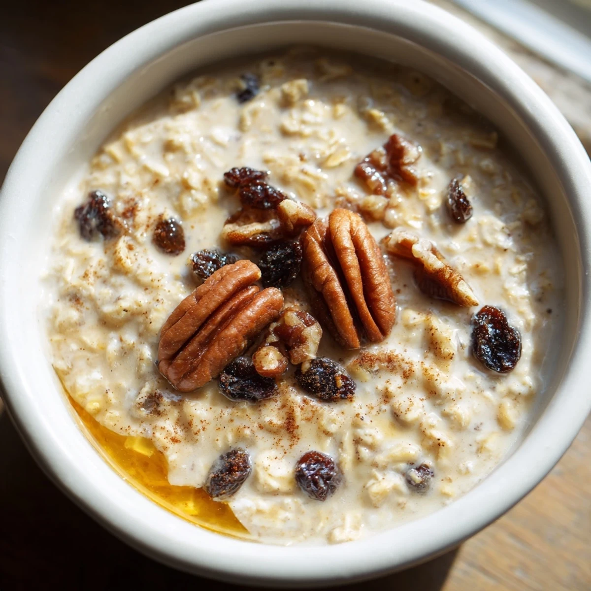 Cozy Evening Vanilla Cloud Oatmeal Raisin in a cozy setting, topped with pecans, ready for a relaxing breakfast or dessert.