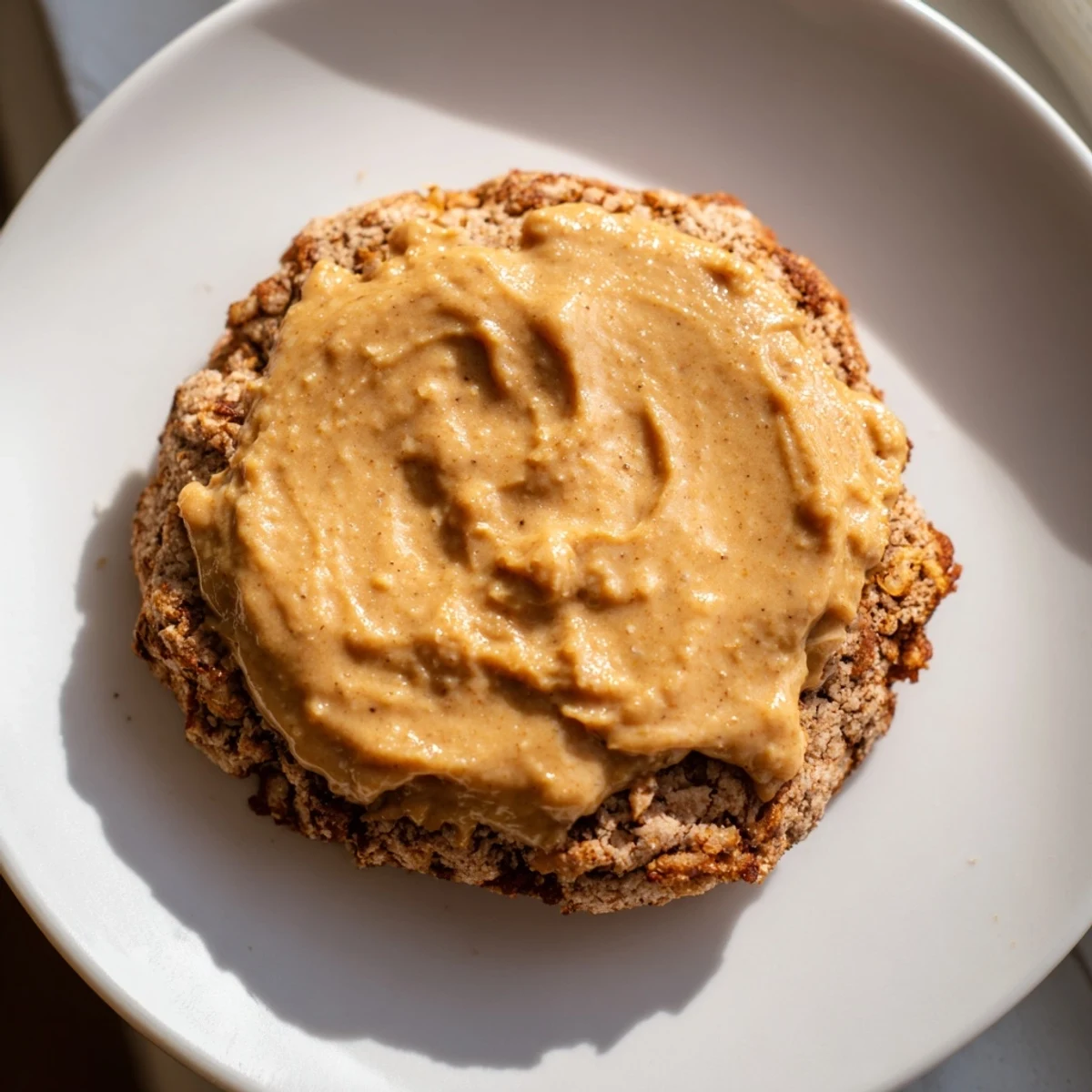 A close-up of a Winter Market Caramel Frost Vegan Cookie shows its soft, crackled texture and a generous drizzle of sweet, buttery vegan caramel frosting.